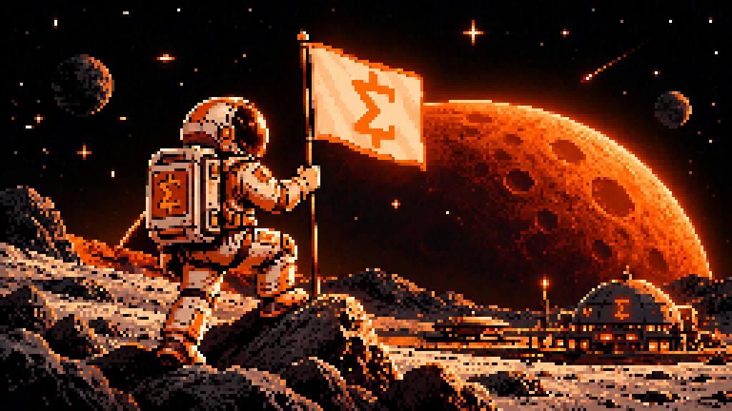 A Guardian planting the Miden flag on the lunar frontier